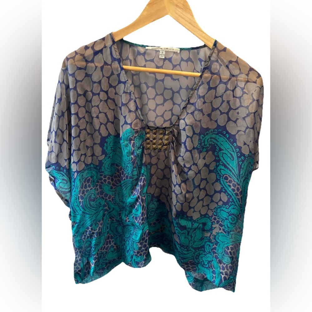 Collective Concepts 100% Silk Sheer Boxy Blouse Size S Bronze Stud Detail Flowy